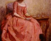 查理卓别林 - Girl in a pink dress reading with a dog